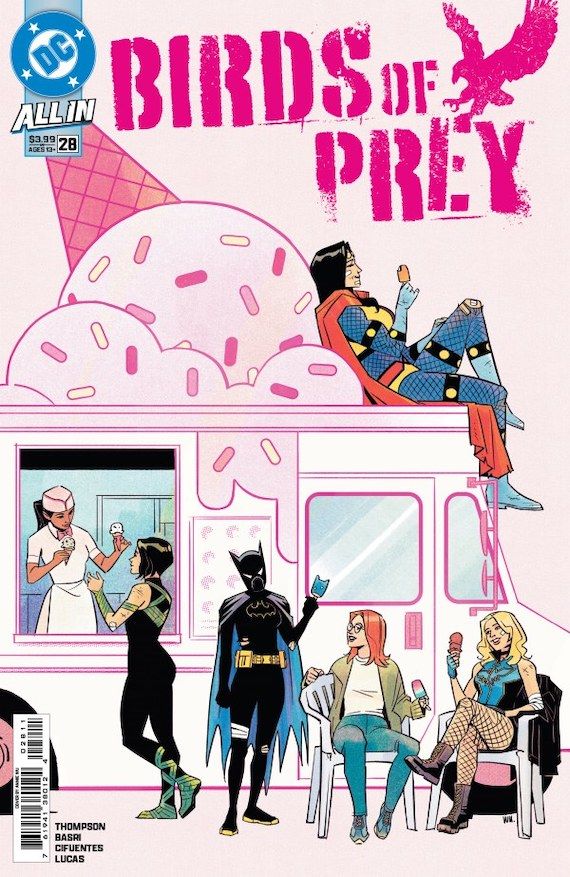 The cover of Birds of Prey #28, featuring the Birds (Sin, Cassandra Cain, Barbara Gordon, Black Canary, and Big Barda) buying ice cream at an ice cream truck. Barda is sitting on the truck's roof and the others are sitting or standing beside it.