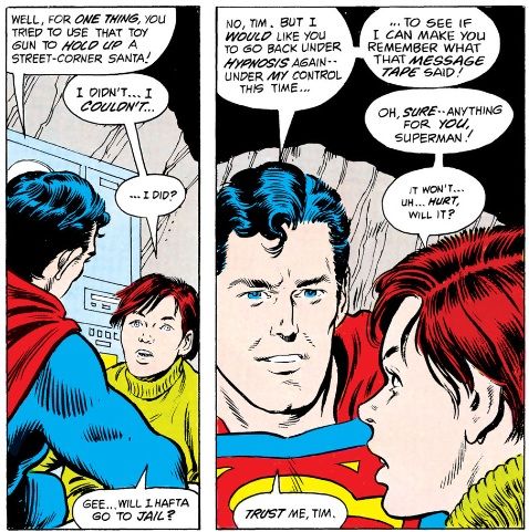 Superman tells a young boy that he was hypnotized into holding up Santa Claus. The boy then consents to being hypnotized again to provide more information.