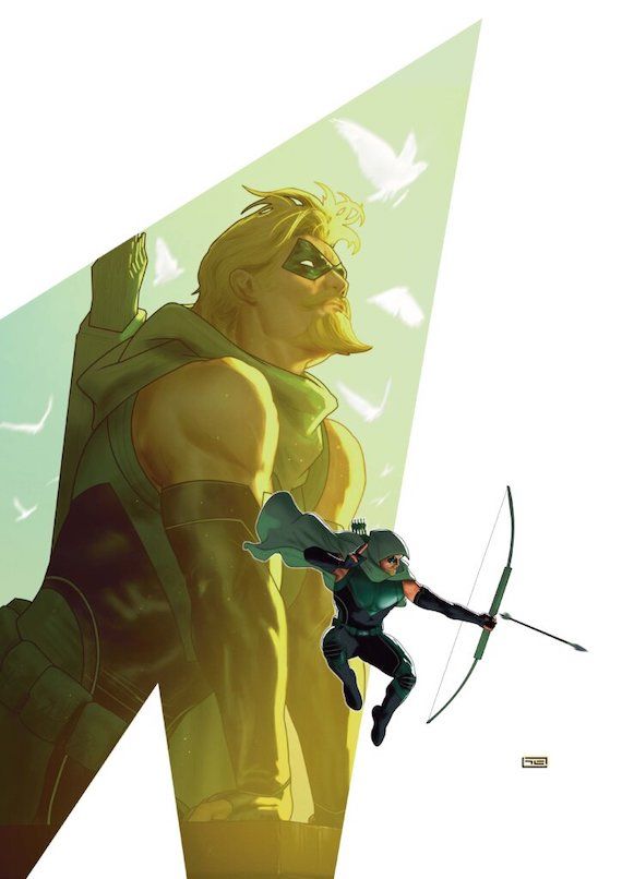 The cover of Green Arrow #31. In the foreground, a small figure of GA leaps through the air while loosing an arrow. In the background is a larger image of GA with his hood pulled down.