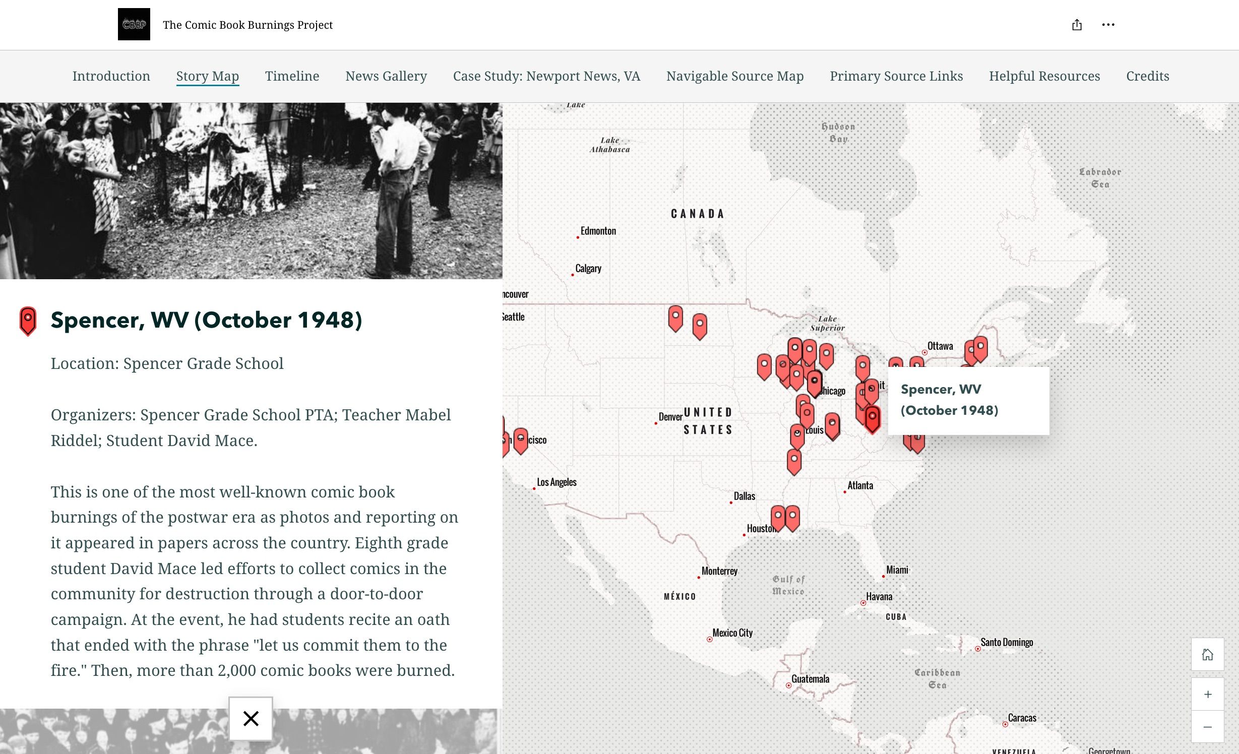 Screenshot of The Comic Book Burnings Project website, showcasing a US map with red arrows pointing to historic comic burnings. This image shows one of the most famous ones from Spencer, West Virginia.